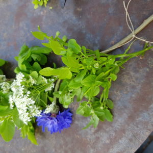 Ett par knippen med blommor och blad på ett bord